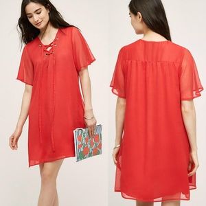 ANTHROPOLOGIE Cece Tunic Dress Red Swing Lace-up Neck Boho